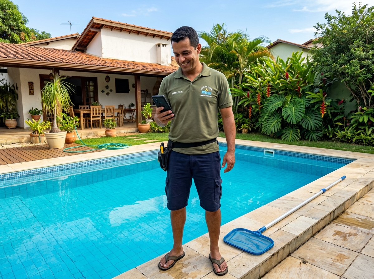 Piscineiro profissional usando o APP Piscina Pro ao lado da piscina